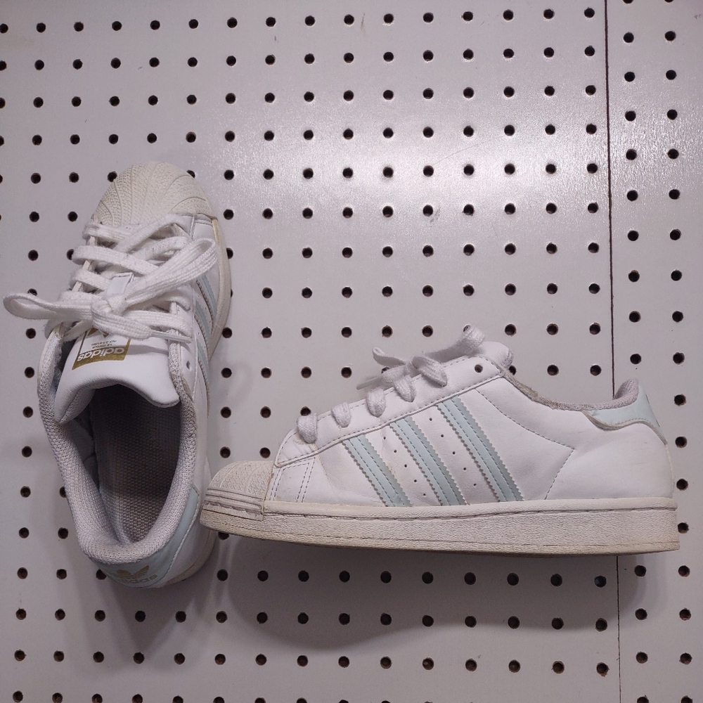 Adidas Superstars with Pale Blue Stripes, Size 5